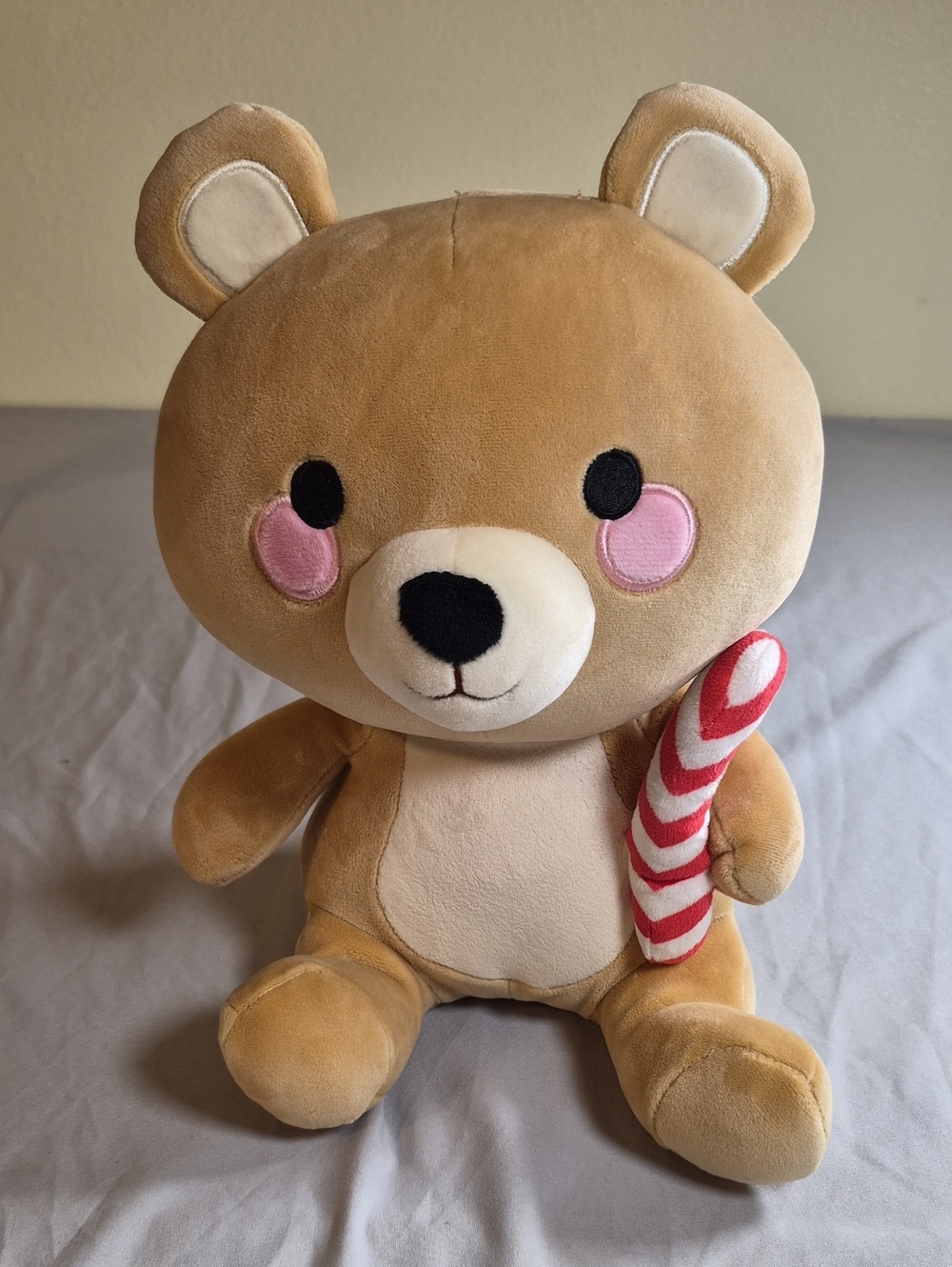Plush Brown Bear Toy with Pink Cheeks and Candy Cane